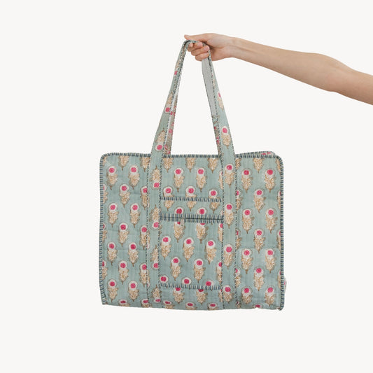 Teal Pink Bloom Block Print Tote