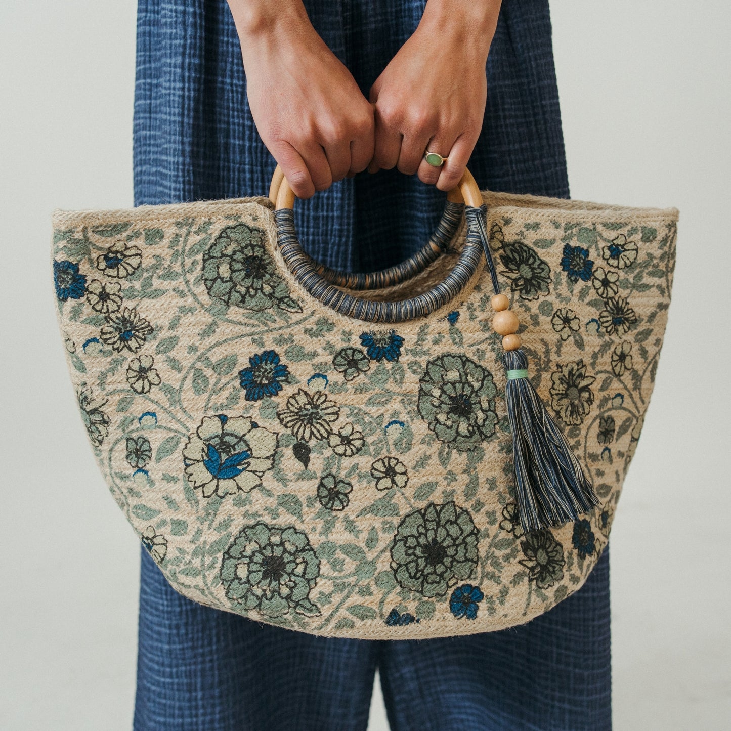 Denim Floral Jute Bag