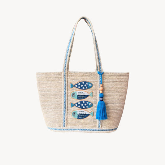 Blue Beaded Fish with Tassel Jute Bag