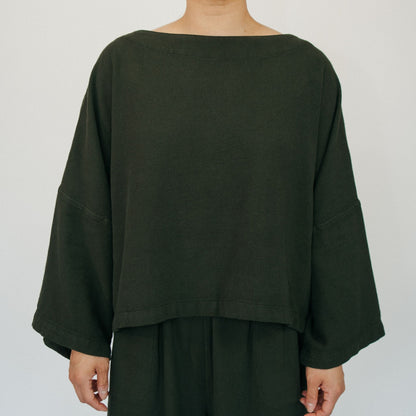 POKOLOKO Loft Cotton Crop Bell Sleeve Top #color_loft-forest