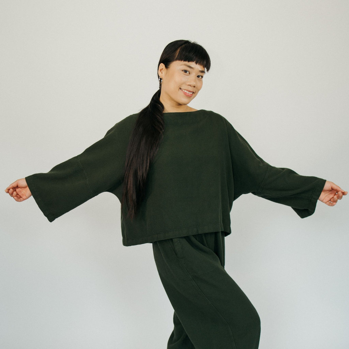 POKOLOKO Loft Cotton Crop Bell Sleeve Top #color_loft-forest