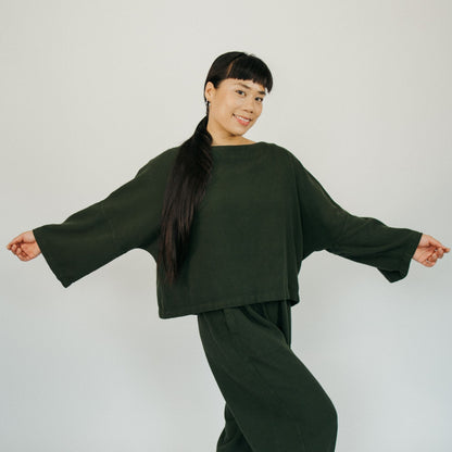 POKOLOKO Loft Cotton Crop Bell Sleeve Top #color_loft-forest