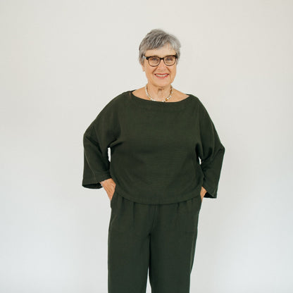 POKOLOKO Loft Cotton Crop Bell Sleeve Top #color_loft-forest