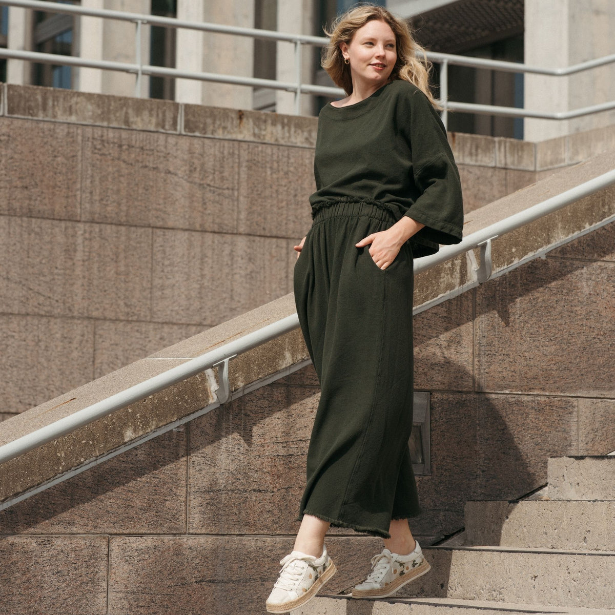 POKOLOKO Loft Cotton Palazzo Pants #color_loft-forest