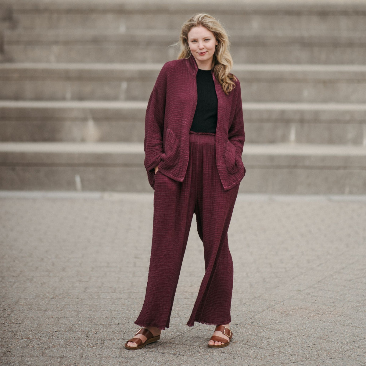 POKOLOKO 4-Layer Crinkle Palazzo Pants #color_crinkle-cranberry