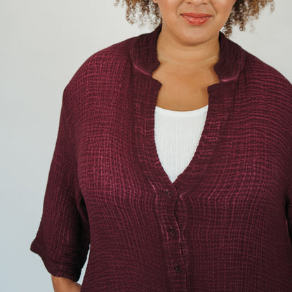 POKOLOKO 4-Layer Crinkle Shirt Dress with Buttons #color_crinkle-cranberry