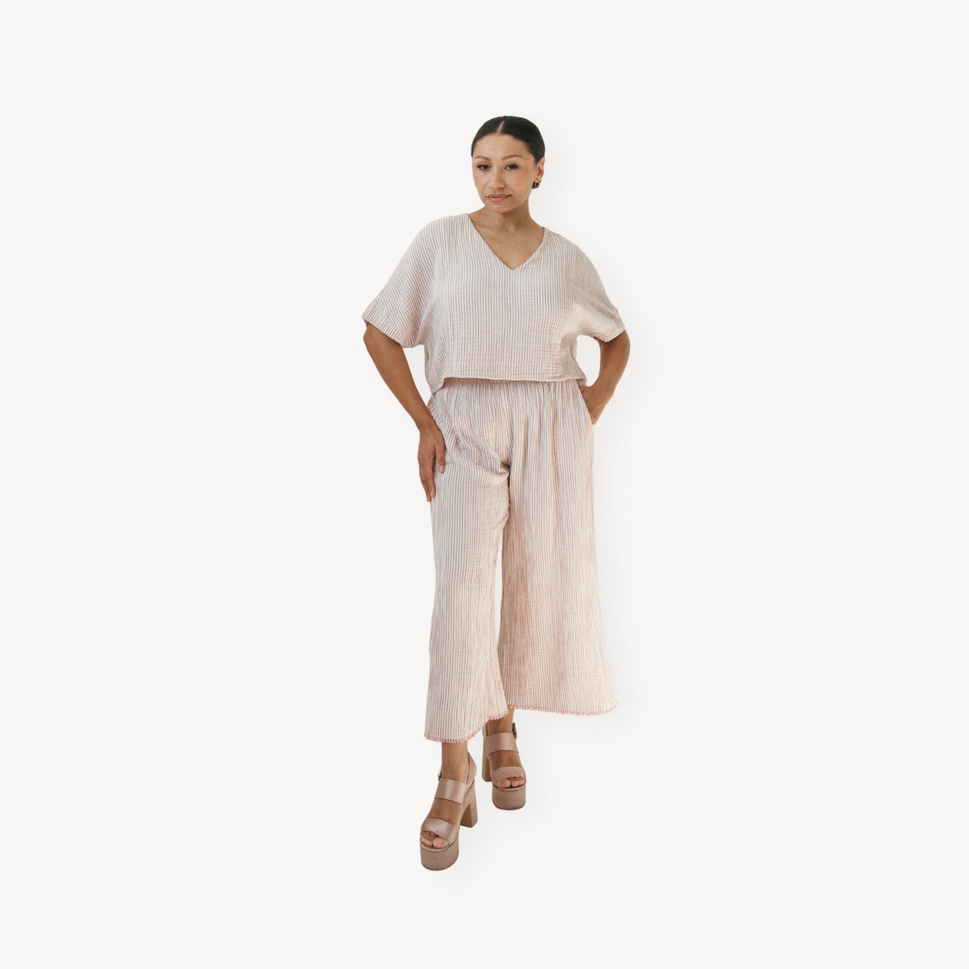 POKOLOKO Striped Crinkle Palazzo Pants #color_striped-red