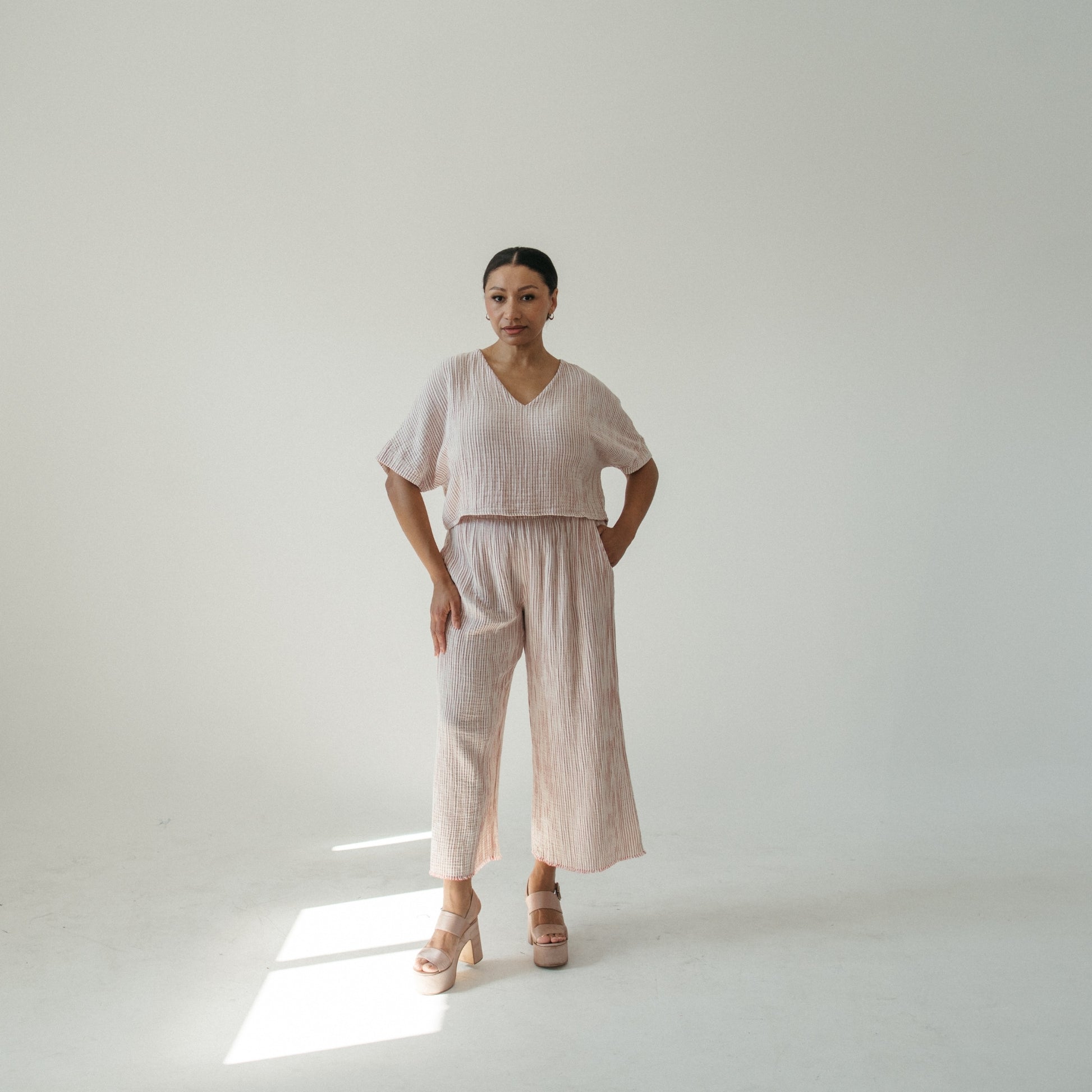 POKOLOKO Striped Crinkle Palazzo Pants #color_striped-red