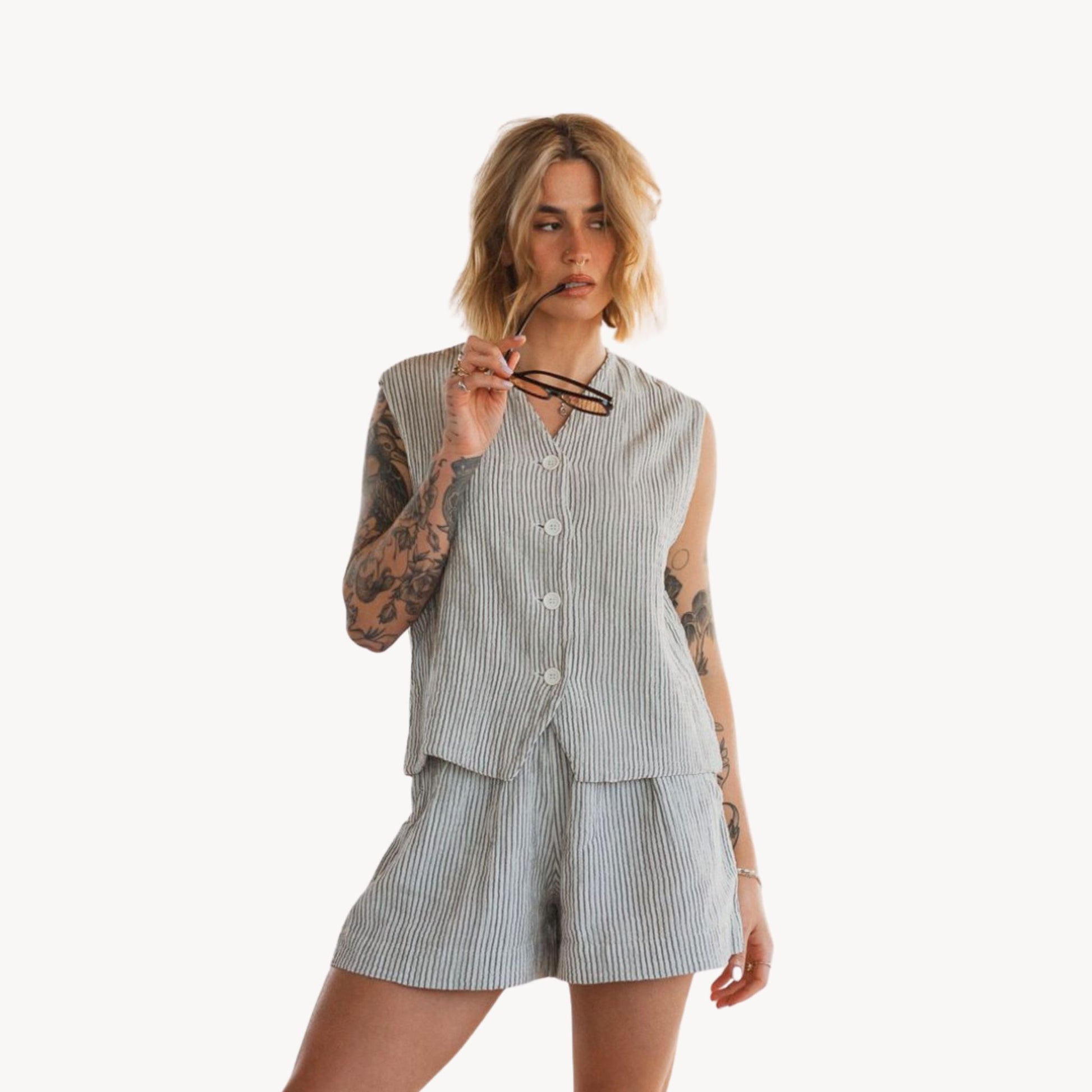 Striped Crinkle Cotton Waistcoat