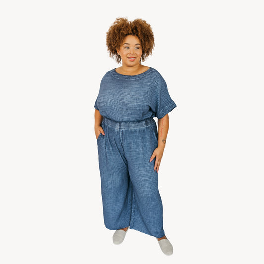 POKOLOKO Crinkle Drawstring Palazzo Pants Plus #color_crinkle-denim