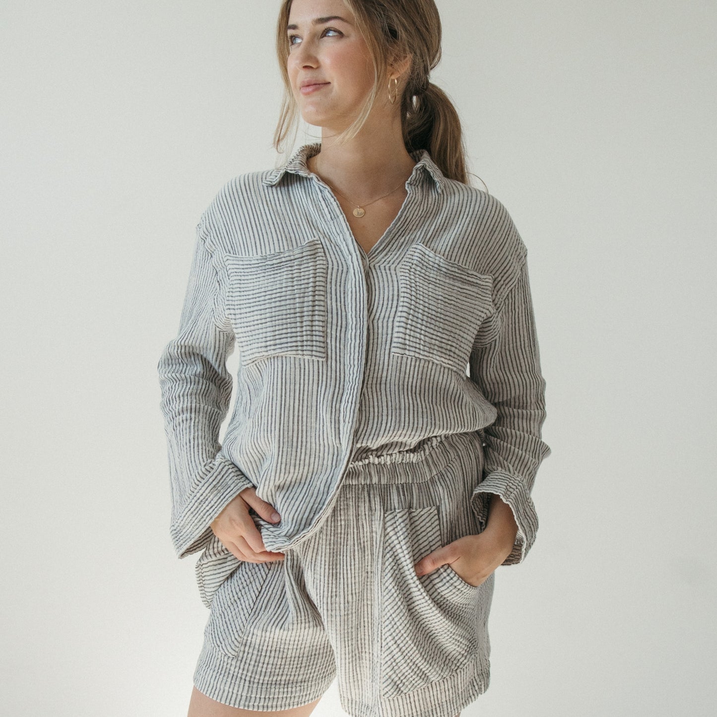 Striped Crinkle Pocket Shirt with Buttons