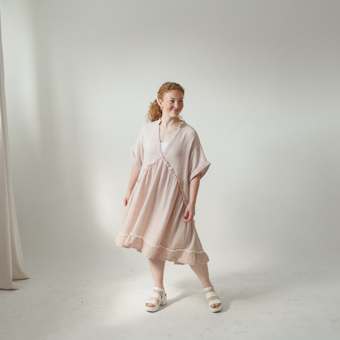 Striped Crinkle Ruffled V Dress