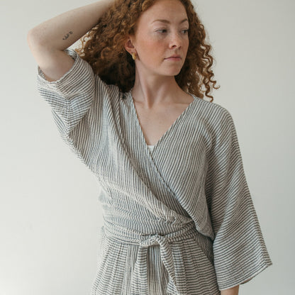 Striped Crinkle Balloon Sleeve Top