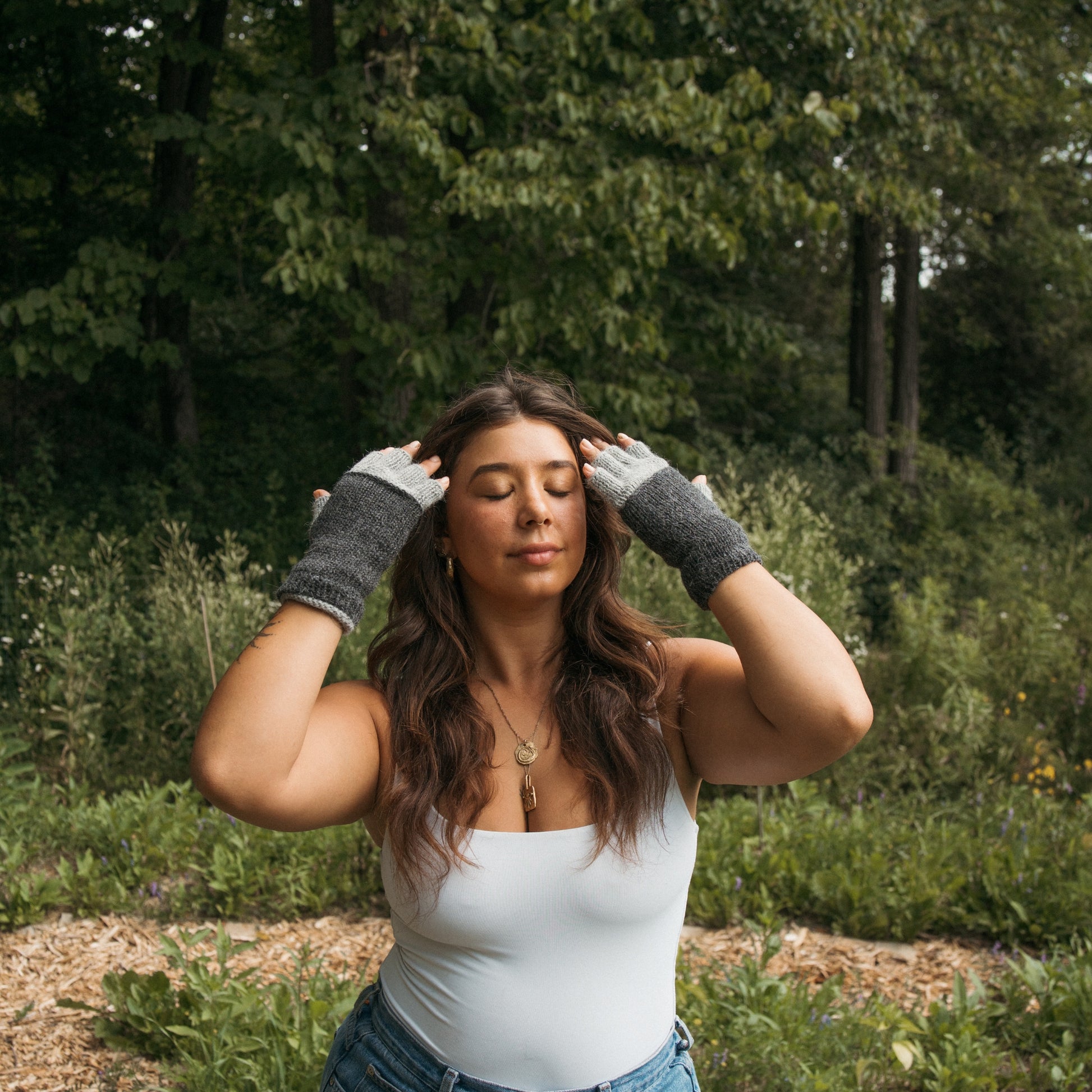 Alpaca Double Layered Fingerless Gloves #color_grey-charcoal