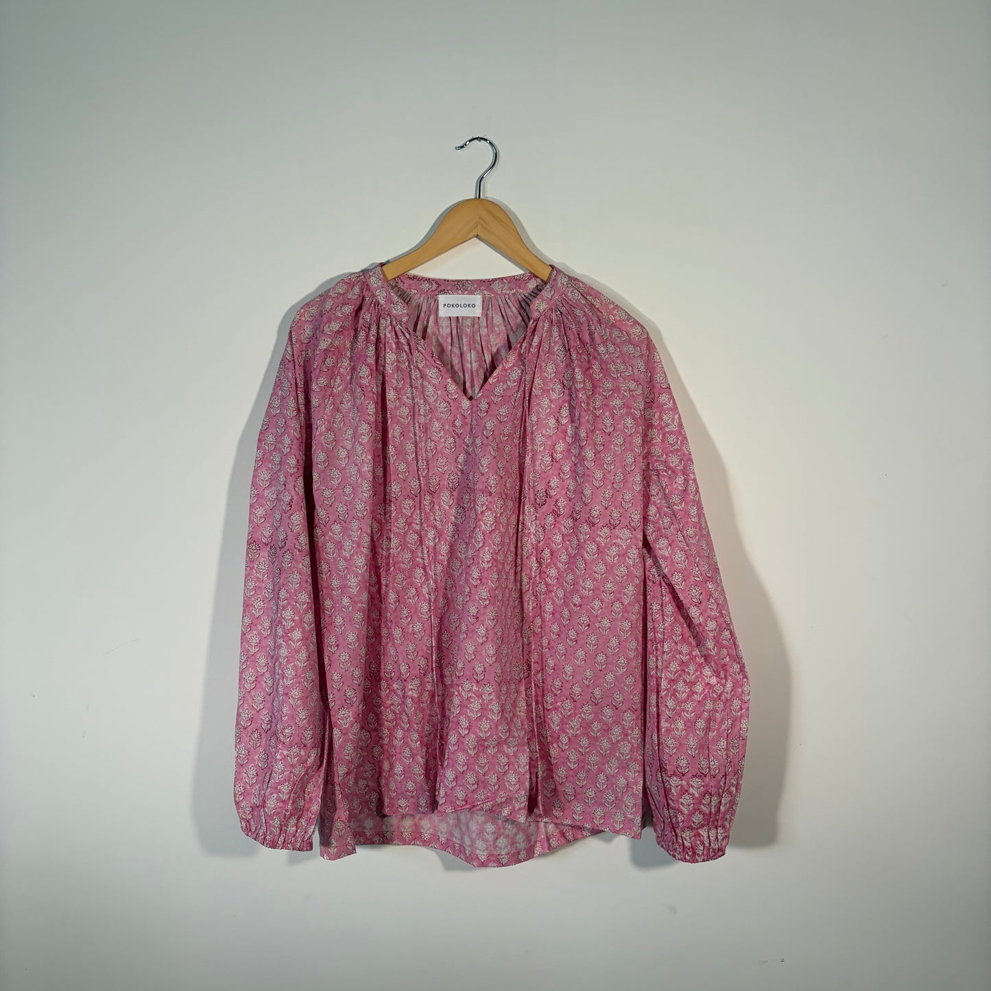 Pink Floral Cotton Long Sleeve Blouse - S