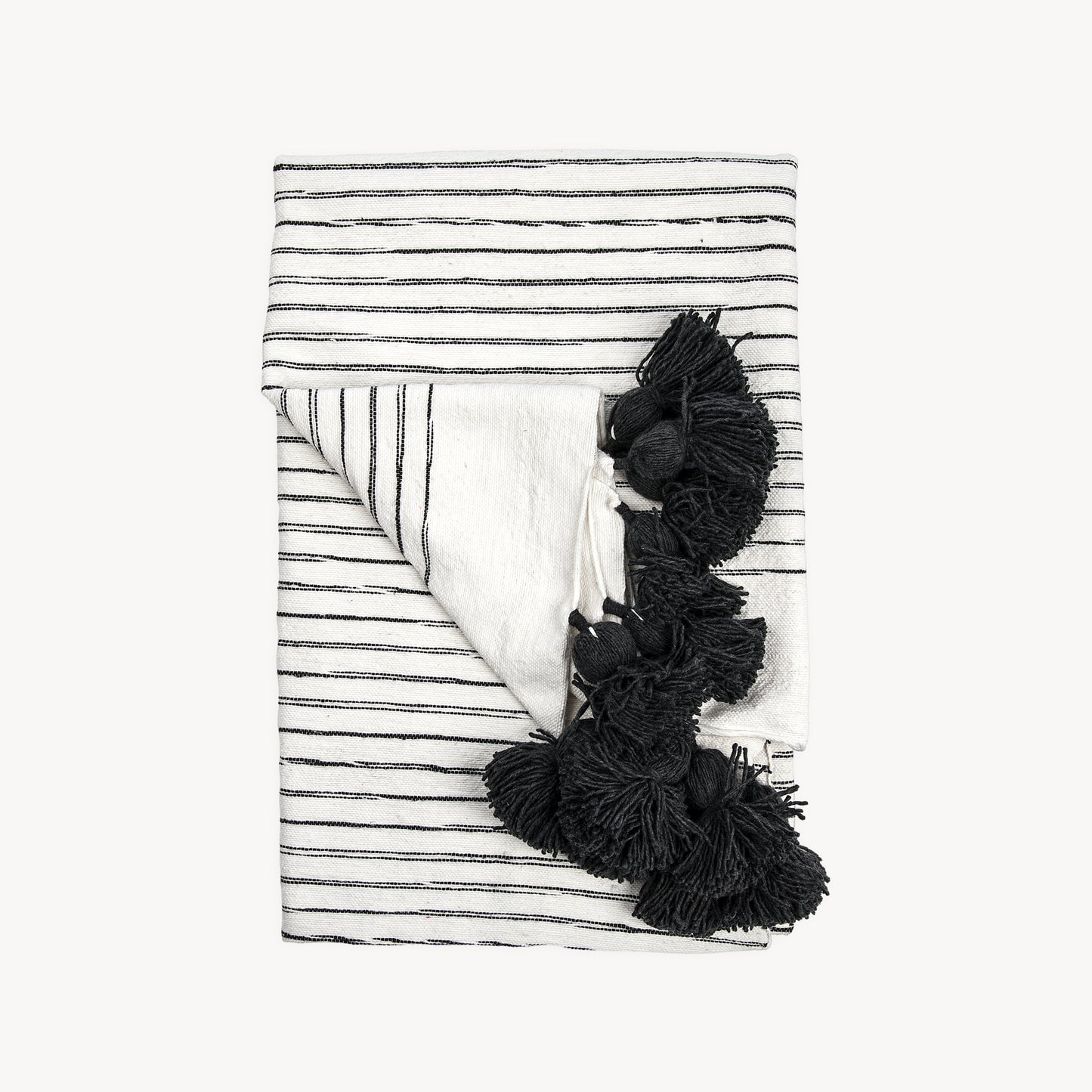 POKOLOKO Monochrome Striped Moroccan Pom Pom Blanket #color_sketched-charcoal