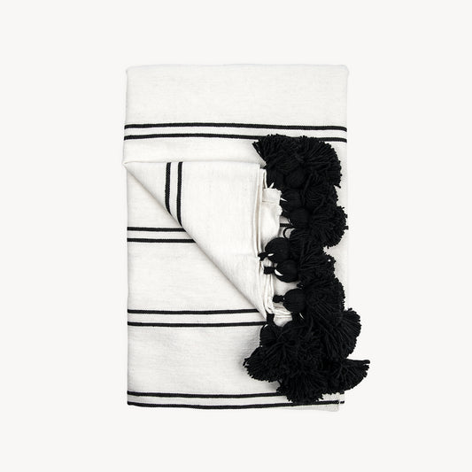 POKOLOKO Monochrome Striped Moroccan Pom Pom Blanket #color_double-black